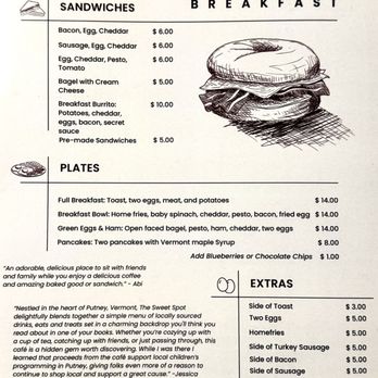 The Sweet Spot Cafe - Breakfast menu - Coffee & Tea Near Me - Putney, Vermont
