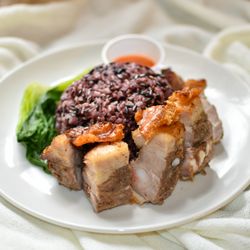Vee's Kitchen - Rice (sticky or fried), pork belly, side veggie, and pepper sauce