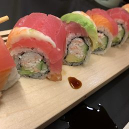 a long row of sushi rolls