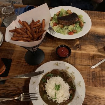 French Quarter - Gumbo yaya, sweet potato fries, and blackened salmon salad - Bars Near Me - Boston, Massachusetts French Quarter - Gumbo yaya, sweet potato fries, and blackened salmon salad - Bars Near Me - Boston, Massachusetts