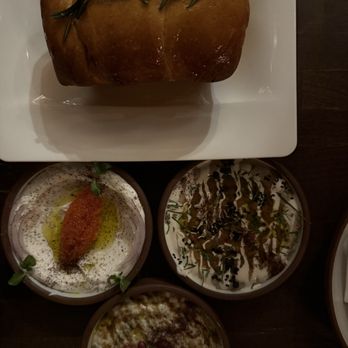 Anixi - Herb bread and Choice of 3 Dip Mezze Taramasalata (GF) Fire Roasted Eggplant Mezze (GF) - Vegan Near Me - New York, New York Anixi - Herb bread and Choice of 3 Dip Mezze Taramasalata (GF) Fire Roasted Eggplant Mezze (GF) - Vegan Near Me - New York, New York