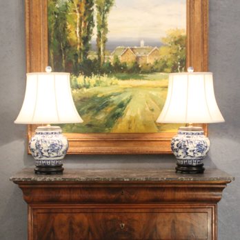 Heritage Antiques and Interiors - Classic blue and white lamps with a mid 19th Louis Phillipe chest - Antiques Near Me - Dallas, Texas