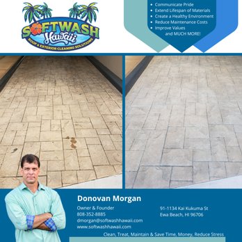 Softwash Hawaii - Stamped concrete driveway abrasive blasted and resealed. - Window Washing Near Me - Ewa Beach, Hawaii Softwash Hawaii - Stamped concrete driveway abrasive blasted and resealed. - Window Washing Near Me - Ewa Beach, Hawaii