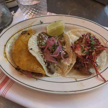Ruta Oaxaca Mexican Cuisine - Taco Mixtos - from L to R birria, Al pastor, Camarones - Mexican Near Me - Brooklyn, New York Ruta Oaxaca Mexican Cuisine - Taco Mixtos - from L to R birria, Al pastor, Camarones - Mexican Near Me - Brooklyn, New York