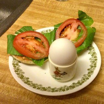 Dennis' nofrills - Lunch yesterday - open-face, toasted, English muffin w/baby bok choy & tomato, and boiled egg. - Grocery Near Me - Coquitlam, British Columbia