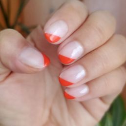 Angled french tip gel manicure. Angled french tip gel manicure.