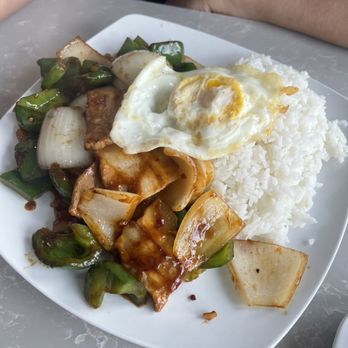 Sharetea Fatty Panda - Stir fry Sliced Pork Belly w. Hot Peppers Over Rice add Fried Egg - Bubble Tea Near Me - Ambler, Pennsylvania Sharetea Fatty Panda - Stir fry Sliced Pork Belly w. Hot Peppers Over Rice add Fried Egg - Bubble Tea Near Me - Ambler, Pennsylvania