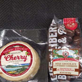 Cherry Republic - My purchases= white cheddar cherry cheese block $11.95, a small bag of milk chocolate covered cherries. $9.95 - Specialty Food Near Me - Glen Arbor, Michigan Cherry Republic - My purchases= white cheddar cherry cheese block $11.95, a small bag of milk chocolate covered cherries. $9.95 - Specialty Food Near Me - Glen Arbor, Michigan