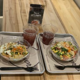 Poke bowls with strawberry hibiscus drinks! Delicious!!