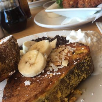 Garden Grille - My French toast (I think I saw that they don't serve brunch on Sundays, anymore #sad), chick pea fritters, and a falafel wrap! - Vegan Near Me - Pawtucket, Rhode Island