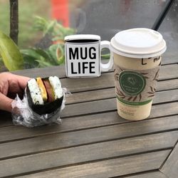 Chings' Punaluu Store - Love this spam, egg and daikon musubi with latte!