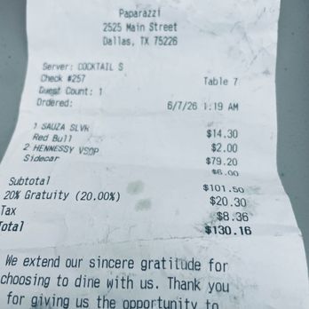 Paparazzi Chophouse - Receipt for drinks - Steakhouses Near Me - Dallas, Texas Paparazzi Chophouse - Receipt for drinks - Steakhouses Near Me - Dallas, Texas