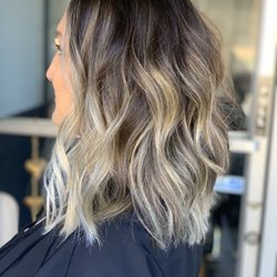 Synergy Hair Studio - Bright blonde balayage ombré, long bob texturized with a razor for movement
