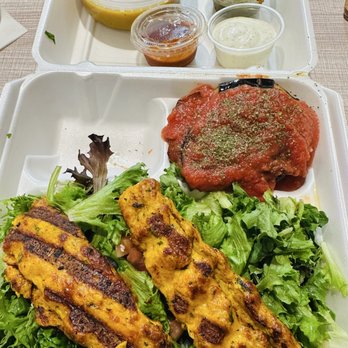 Kabab Shack & Grill - Chicken koobideh atop Greek salad without feta, side of eggplant and daal 6/2026 - Middle Eastern Near Me - Sugar Land, Texas Kabab Shack & Grill - Chicken koobideh atop Greek salad without feta, side of eggplant and daal 6/2026 - Middle Eastern Near Me - Sugar Land, Texas