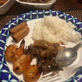 Cafe Gossip - Beef and teriyaki shrimp.  Made my own lumpia at home - Asian Fusion Near Me - Moreno Valley, California