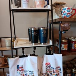 Coffee mugs, salsa, tumblers, and tote bags for sale