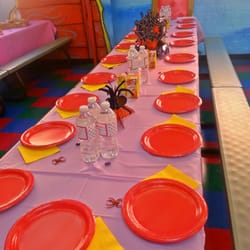 Kids birthday table set up.