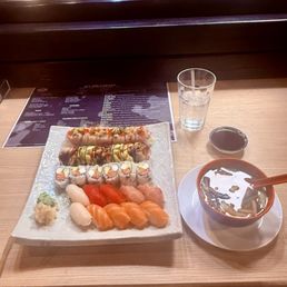 Dami's all you can eat sushi dinner with vegetable udon soup and water