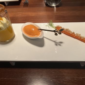 Partage - Carrot trio: vichyssoise, carrot ginger sorbet, braised with roasted peanuts - French Near Me - Las Vegas, Nevada Partage - Carrot trio: vichyssoise, carrot ginger sorbet, braised with roasted peanuts - French Near Me - Las Vegas, Nevada