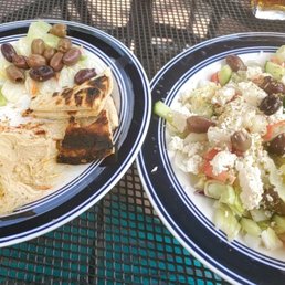 Pita with hummus appetizer and small mixed green Greek salad.