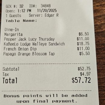 Crooked Pint Ale House - Receipt and our server was "Eddie". French Onion Dip Pepper Jack Lucy KaBeeLo Lodge Walleye Sandwich - Sports Bars Near Me - Glendale, Arizona Crooked Pint Ale House - Receipt and our server was "Eddie". French Onion Dip Pepper Jack Lucy KaBeeLo Lodge Walleye Sandwich - Sports Bars Near Me - Glendale, Arizona