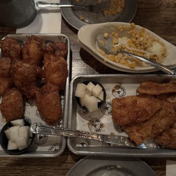 Turntable Chicken Jazz - Corn cheese and soy garlic chicken (wings on the left, boneless on the right) - Chicken Wings Near Me - New York, New York Turntable Chicken Jazz - Corn cheese and soy garlic chicken (wings on the left, boneless on the right) - Chicken Wings Near Me - New York, New York