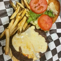 Half pound of burger fries lettuce tomatoes onions and pickles and cheese cheese