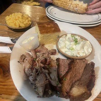 Smokey's Kitchen - 2 meat platter with beef brisket and pulled pork, 2 sides of Mac n cheese and potato salad, and an additional side of corn on the cob - Barbeque Near Me - Truckee, California Smokey's Kitchen - 2 meat platter with beef brisket and pulled pork, 2 sides of Mac n cheese and potato salad, and an additional side of corn on the cob - Barbeque Near Me - Truckee, California