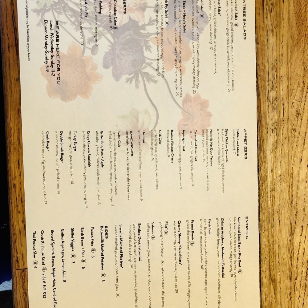 Crush XI - Modified paper disposable menu - New American Near Me - Melbourne, Florida Crush XI - Modified paper disposable menu - New American Near Me - Melbourne, Florida