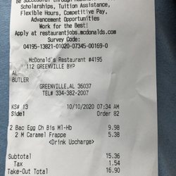 McDonald's - Receipt for the BEC biscuit combos and 2 caramel Frappes.