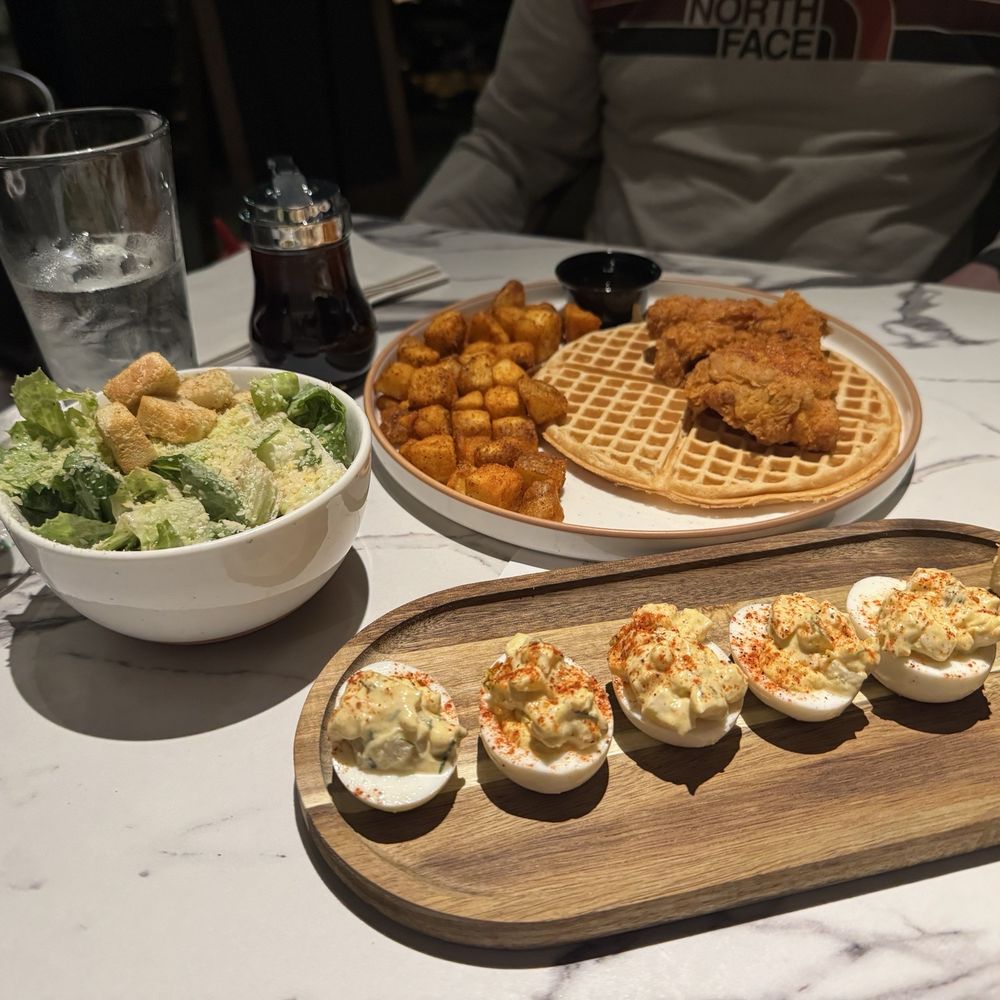 Deviled eggs, baby caesar, Chicken n' Waffles