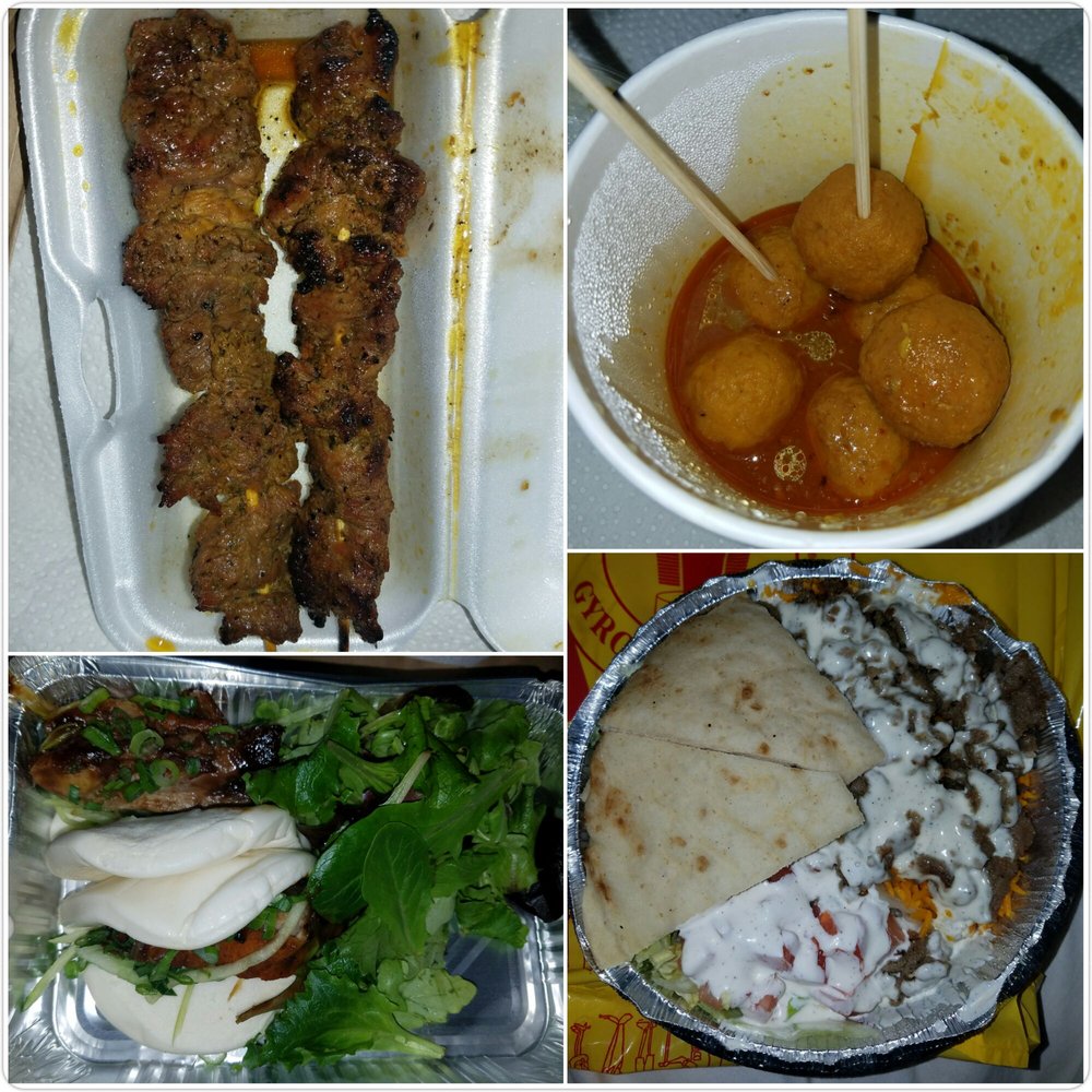 Beef sticks, curry fish balls, roast duck buns and beef gyro platter