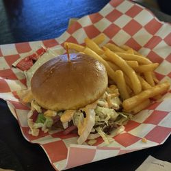 Buzzin Burgers - El Jefe Smash (Beef, pepper jack, grilled Jalapeños, pickled onions, onions, chipotle mayo, lettuce) with regular fries