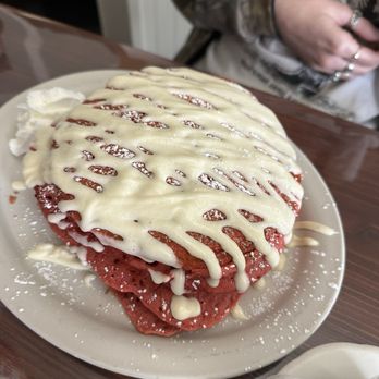 The Chocolate Gallery Cafe - Red Velvet Pancakes - New American Near Me - Warren, Michigan
