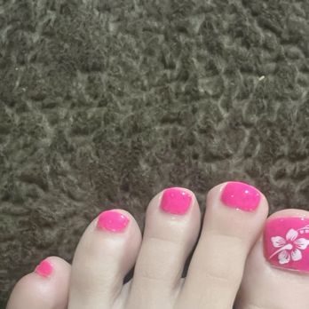 Serenity Nail Spa - Ugly neon pink nails with a flower sticker - Nail Salons Near Me - Pinole, California