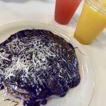 Aloha Stacks - Ube Coconut Pancakes, strawberry guava nectar, and orange juice - Pancakes Near Me - Cerritos, California Aloha Stacks - Ube Coconut Pancakes, strawberry guava nectar, and orange juice - Pancakes Near Me - Cerritos, California