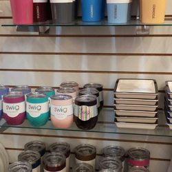 MK's Totebags & Monogramming - We have lots of Swig stemless wine cups just waiting for a monogram!