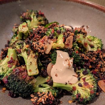 The Warbler - Char-roasted Broccoli. $14. Chili crisp, honey-tahini puree, sesame tuile, lemon, fresh mint, black currant. - Pasta Shops Near Me - Chicago, Illinois