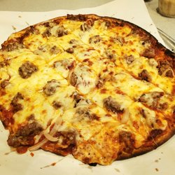 Angeno's Pizza & Pasta - Medium; Thin Crust, Sausage and Onion pizza