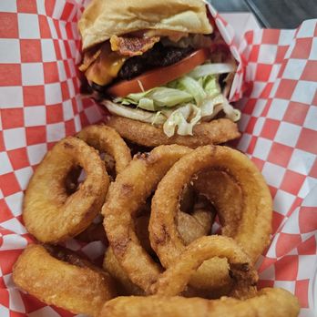 Midnight At Burnies Drive-up - Bacon cheeseburger w onion rings - Burgers Near Me - Stockton, California Midnight At Burnies Drive-up - Bacon cheeseburger w onion rings - Burgers Near Me - Stockton, California