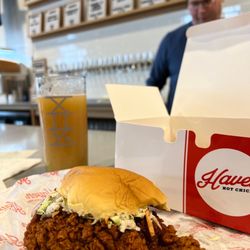Haven Hot Chicken - Chicken Sammy! Soooo tasty. Medium is hot so proceed w caution. Great quality chicken. Fries travel well. Definitely recommend!!