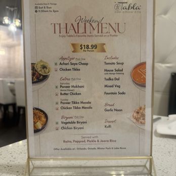 Tabla Indian Restaurant Orlando - Weekend Thali Menu - Indian Near Me - Orlando, Florida Tabla Indian Restaurant Orlando - Weekend Thali Menu - Indian Near Me - Orlando, Florida