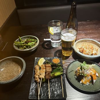 Ginza - Garlic edamame, takoyaki, spicy squid salad, Kushi Yaki - wagyu beef tongue, chicken thigh, shishito pepper and a cold Orion! - Izakaya Near Me - Las Vegas, Nevada