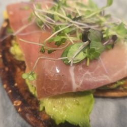 Cheesy J’s - J-Avocado toast with micro greens and prosciutto