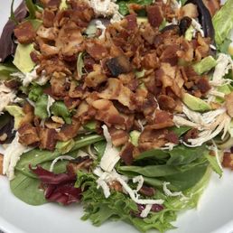 Tab Salad Lunch - Turkey, avocado, bacon salad (half salad with half fettuccine noodles) with ranch! Delicious.