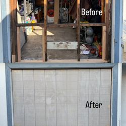 OC Home Fix - Lift-up shed door repair -- replaced rotted frame sections, installed a new front panel, and adjusted the springs for smooth operation.