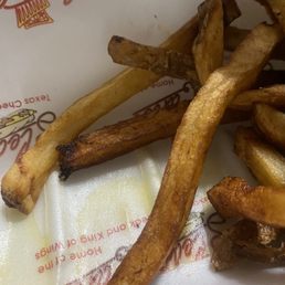 The fries and you can see they are not cooked evenly as some are light others are dark and burnet and they tasted dry. The fries and you can see they are not cooked evenly as some are light others are dark and burnet and they tasted dry.