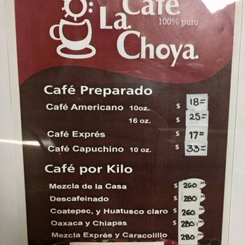 Cafe la Choya - Prices per cup - La Paz, BCS