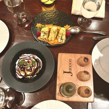 Junoon - (Left, center,right) Eggplant chaat, tawa stuffed paneer, tuna puchka - Indian Near Me - New York, New York