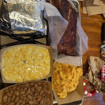 Black's BBQ - Pork Spare Ribs, Extra Cheddar Mac & Cheese, creamy corn, beans, moist brisket sandwich, - Barbeque Near Me - San Marcos, Texas